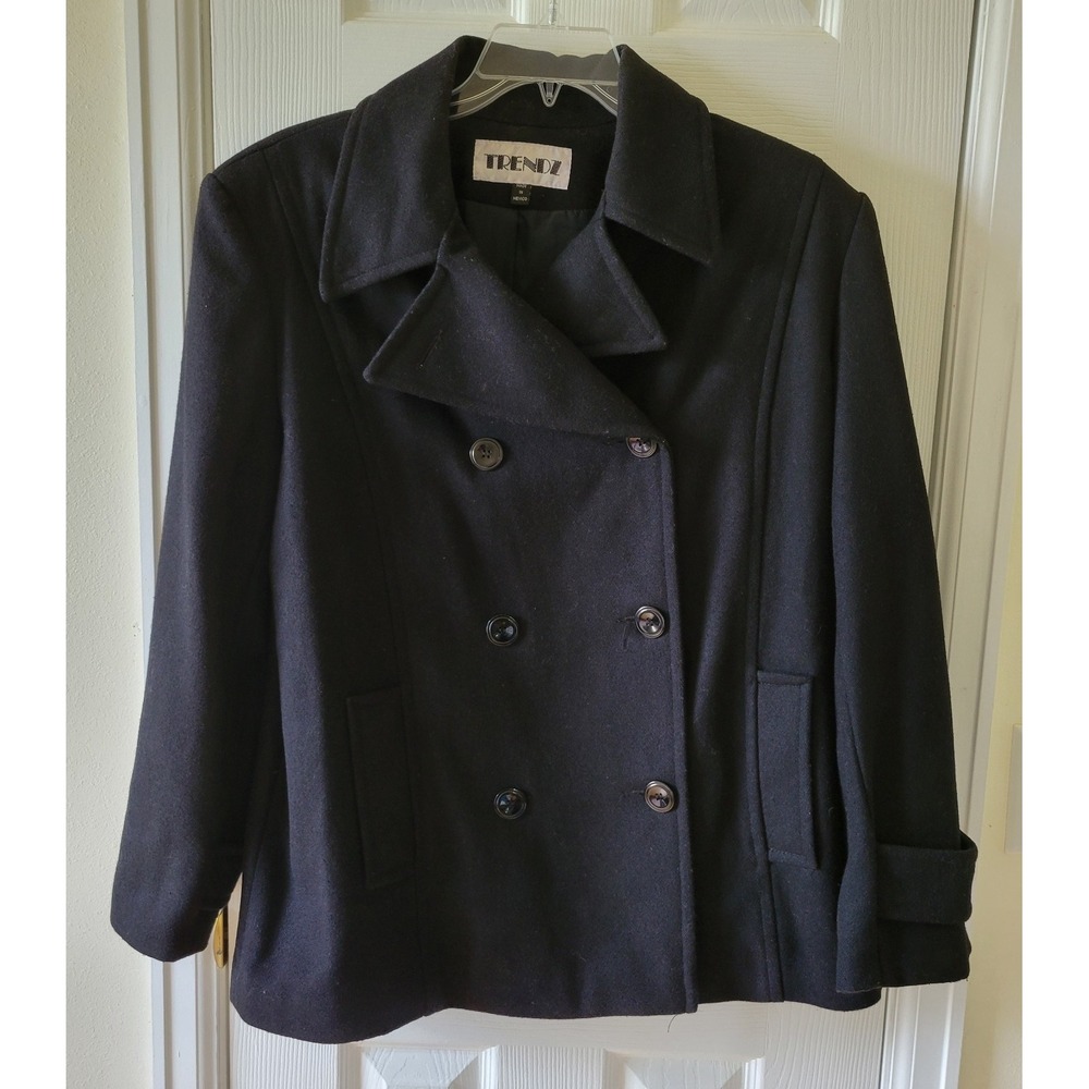 Vintage TRENDZ Pea Coat Missy XL‎  Black Wool Blend Lined